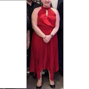 Halter-neck, sleeveless, pleated midi dress